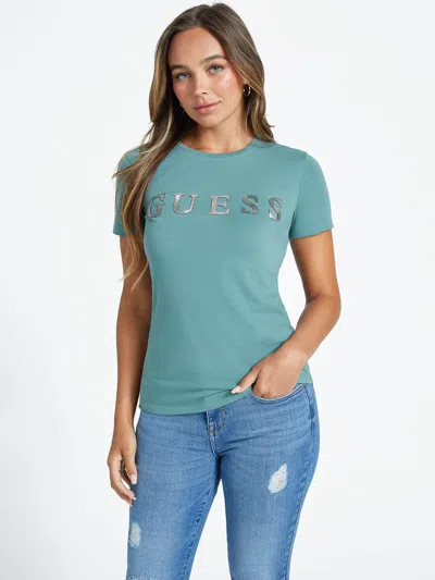 Guess Factory Pepper Rhinestone Logo Tee In Green