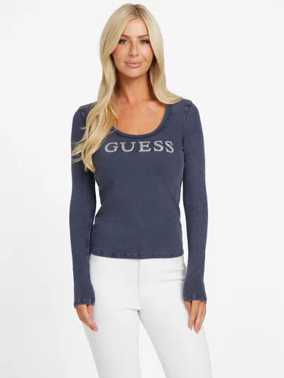 Guess Factory Pepper Ribbed Logo Top In Blue