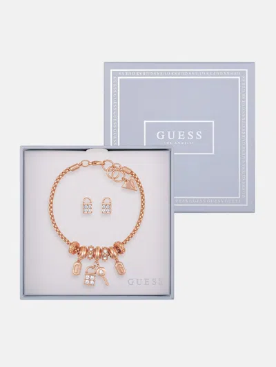 Guess Factory Rose Gold-tone Lock Charm Bracelet And Earrings Box Set In Multi