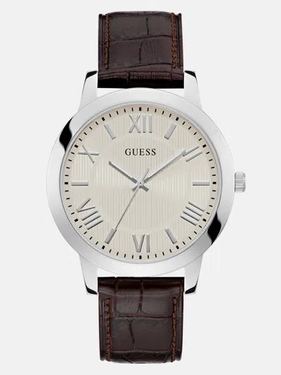Guess Factory Silver-tone And Brown Leather Analog Watch