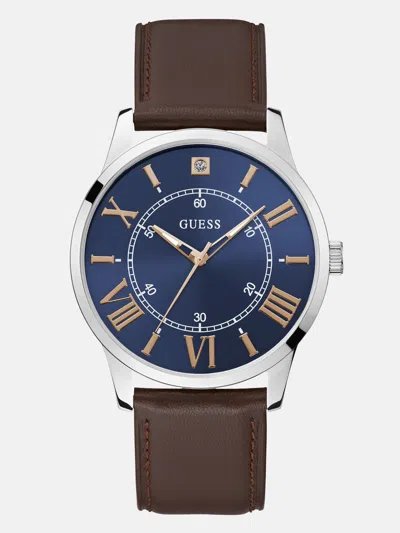Guess Factory Silver-tone And Brown Leather Analog Watch