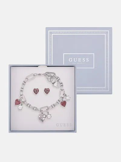 Guess Factory Silver-tone Glitter Heart Bracelet And Earrings Box Set - 3 Pairs