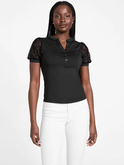 Guess Factory Stacy Lace Sleeve Top In Black
