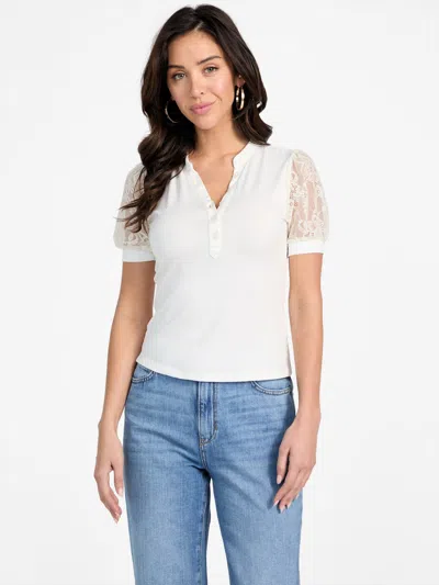 Guess Factory Stacy Lace Sleeve Top In White