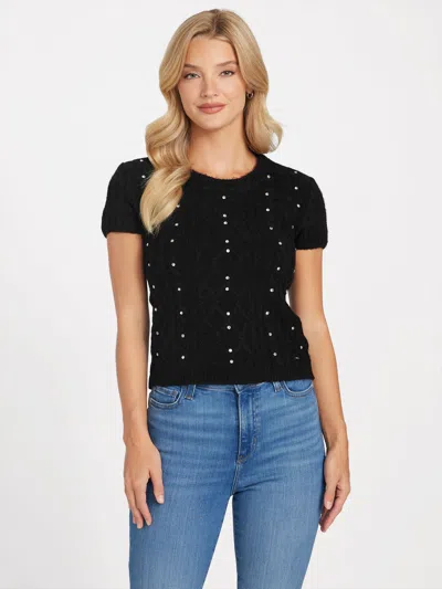 Guess Factory Vienna Cable-knit Rhinestone Sweater In Black