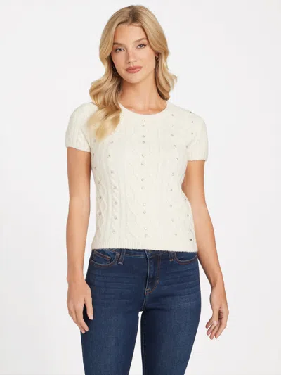 Guess Factory Vienna Cable-knit Rhinestone Sweater In White