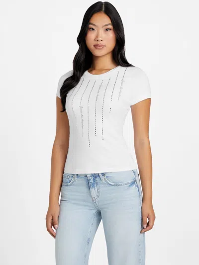 Guess Factory Violet Crystal Logo Tee In White