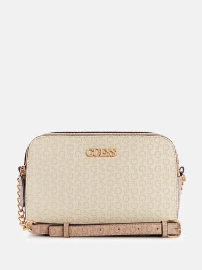 Guess Factory Zakaria Embossed Logo Double-zip Crossbody In Beige