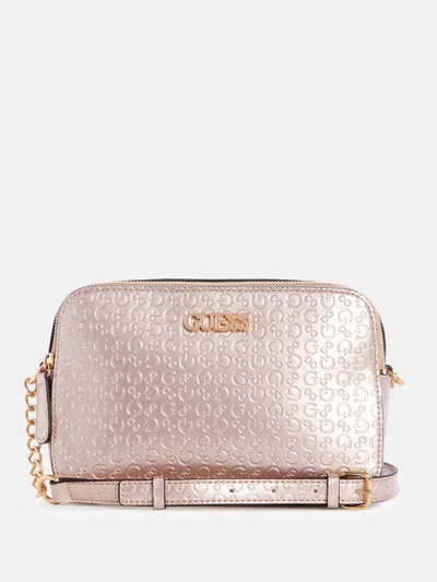 Guess Factory Zakaria Embossed Logo Double-zip Crossbody In Gold