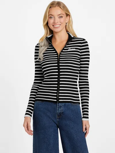 Guess Factory Zinnia Striped Zip Sweater In Black