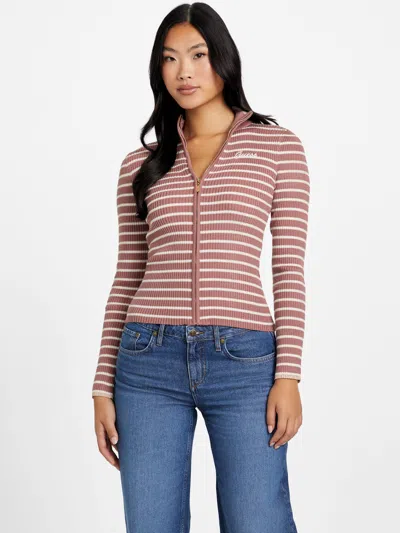 Guess Factory Zinnia Striped Zip Sweater In Pink