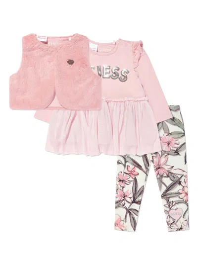 Guess Babies' Floral-print Trousers Set In Pink