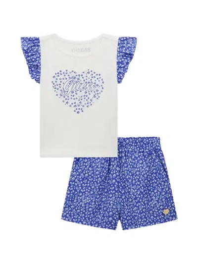 Guess Kids' Floral Ruffled T-shirt And Short Set In Blue