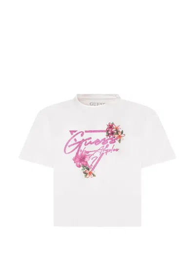 Guess Kids' Floral-print Cropped T-shirt In Neutral