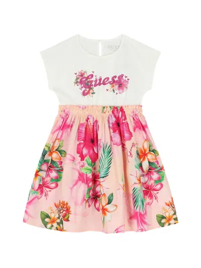 Guess Kids' Floral-print Glitter-logo Dress In Pink