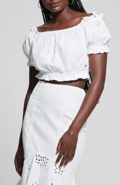 Guess Frida Eyelet Embroidered Off The Shoulder Crop Top In Pure White