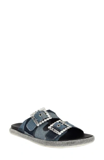 Guess Funzya Slide Sandal In Blue Denim Patchwork