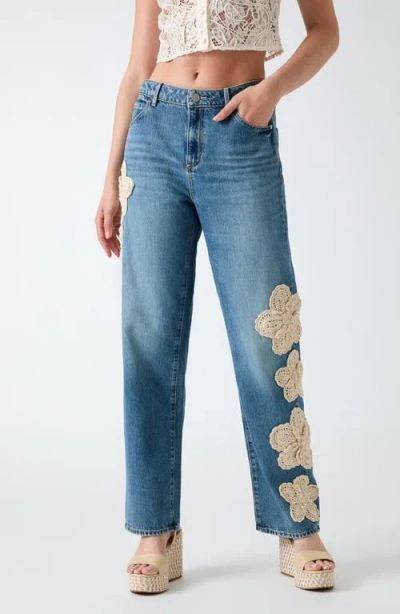 Guess Gaia Floral Appliqué High Waist Straight Leg Jeans In Blue