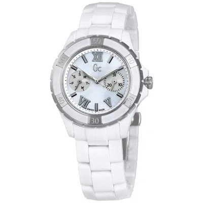 Pre-owned Guess Gc  Collection Xl-s Silver+white Tone Ceramic,mop,swiss Watch X69001l1s