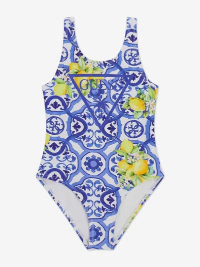 Guess Kids'  Girls Amalfi Coast Print Swimsuit In Blue