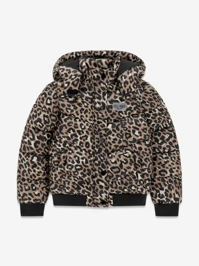 Guess Kids'  Girls Leopard Print Hooded Puffer Jacket In Black