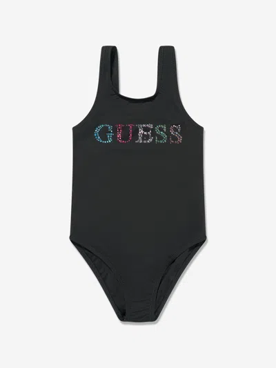 Guess Kids' Rhinestone Logo Swimsuit In Black