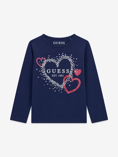 Guess Babies' Girls Long Sleeve Heart Logo T-shirt In Blue