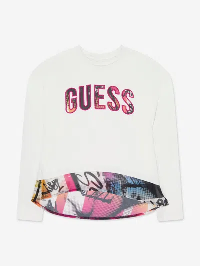 Guess Kids' Girls Long Sleeve T-shirt With Chiffon In White