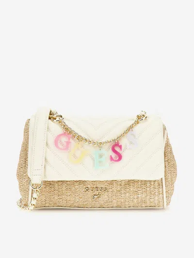 Guess Kids' Girls Straw Crossbody Flap Bag In Ivory