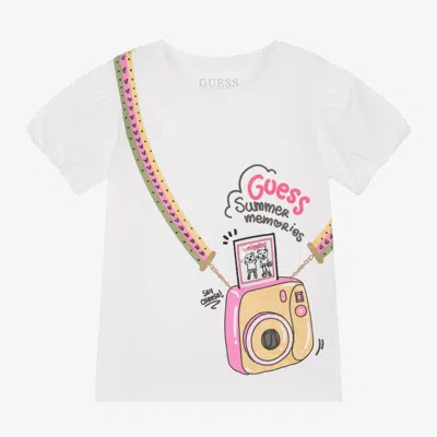 Guess Kids' Girls White Cotton Camera T-shirt
