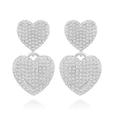Guess Glass Stone Double Heart Drop Earrings In Silver