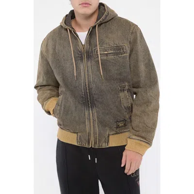 Guess Go Brown Sanded Denim Hooded Bomber Jacket