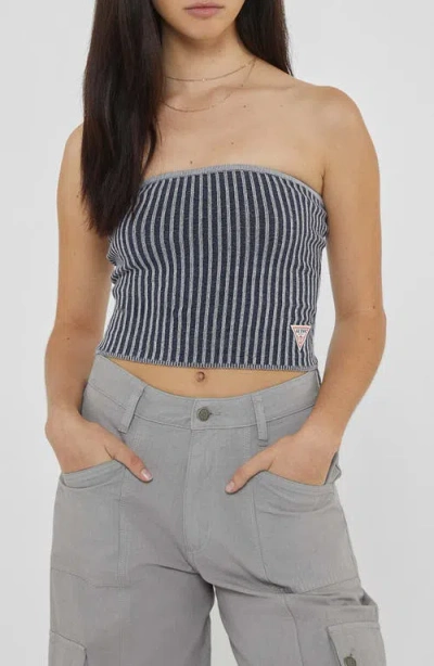 Guess Go Stripe Knit Tube Top In Uniform Blue Multi