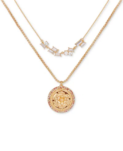 Guess Gold-tone Crystal & Flower Layered Pendant Necklace, 18" + 2" Extender
