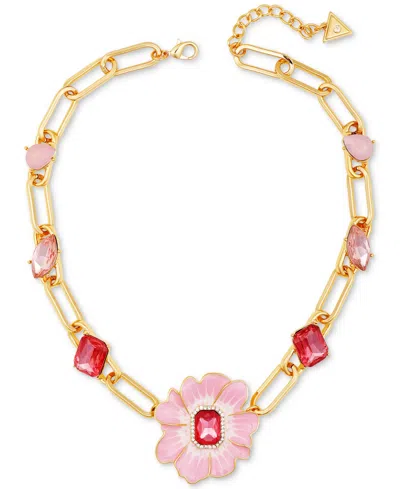 Guess Gold-tone Enamel & Stone Pink Blossom Statement Necklace, 18" + 2" Extender