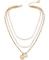 Guess Gold-tone Imitation Pearl & Logo Three Layered Pendant Necklace, 17" + 2" Extender In Gold