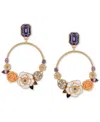 Guess Gold-tone Mixed Color Stone Flower Front-facing Drop Hoop Earrings In Gold