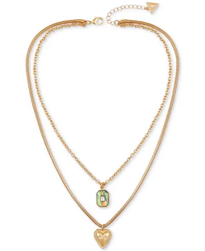 Guess Gold-tone Mixed Stone Heart Layered Pendant Necklace, 18" + 2" Extender
