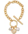 Guess Gold-tone Mixed Stone Logo Charm Link Bracelet In Gold