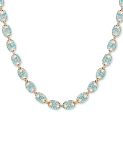 Guess Gold-tone Pave Link Statement Necklace, 16" + 2" Extender In Gold,aqua