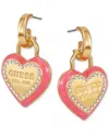 Guess Gold-tone Pink Heart Drop Hoop Earrings In Gold