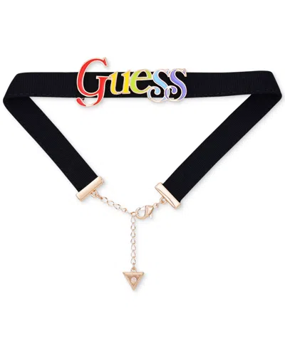 Guess Gold-tone Rainbow Logo Choker Necklace, 14" + 2" Extender In Black