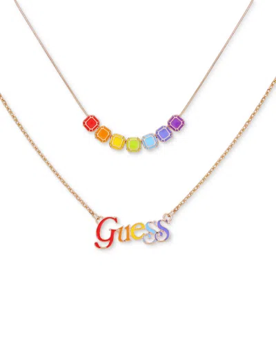 Guess Gold-tone Rainbow Logo Two-row Necklace, 20" + 2" Extender In Multi