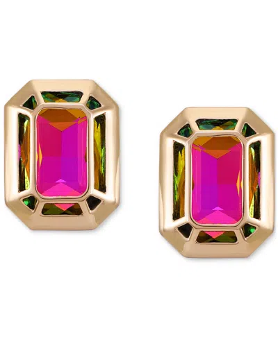 Guess Gold-tone Rainbow Stone Button Earrings In Pink