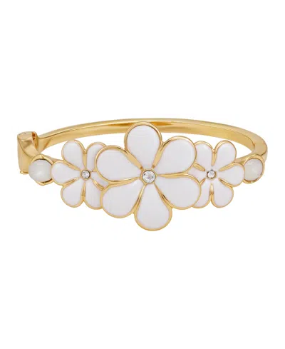 Guess Gold-tone Floral Side Hinge Bangle Bracelet In Red