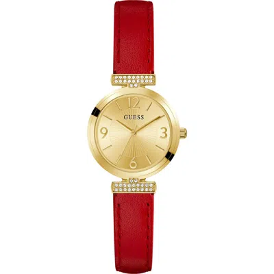 Guess Goldtone Red Leather Strap Watch, 28mm