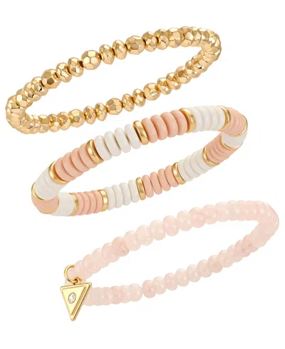 Guess Gold-tone Rose Quartz Stone Stretch Bracelet, 3-piece Set