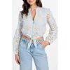 Guess Hazel Floral Embroidered Long Sleeve Tie Front Top In Blue