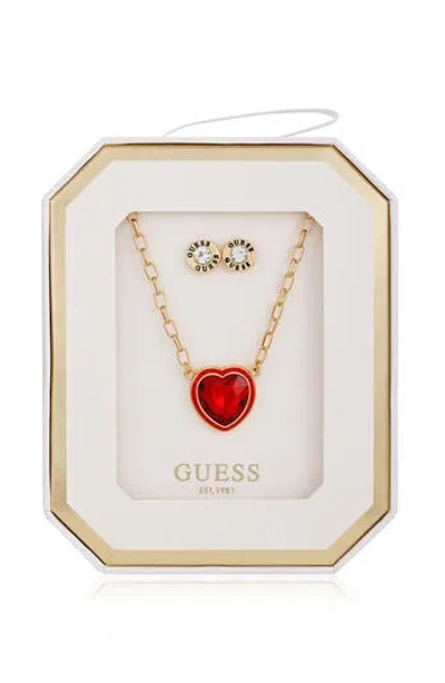 Guess Heart Pendant Necklace & Stud Earrings Set In Gold