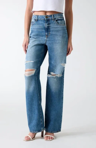 Guess High Waist Ripped Straight Leg Jeans In Blue